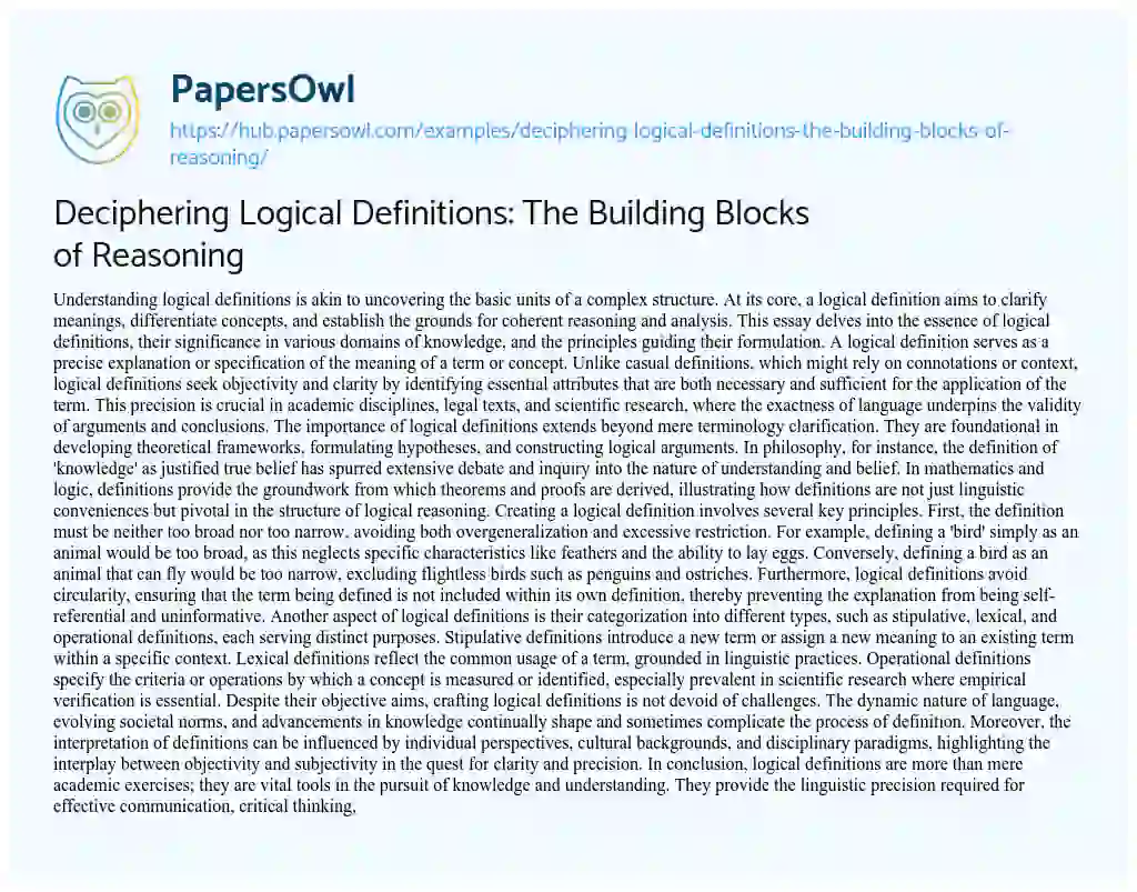 Essay on Deciphering Logical Definitions: The Building Blocks of Reasoning