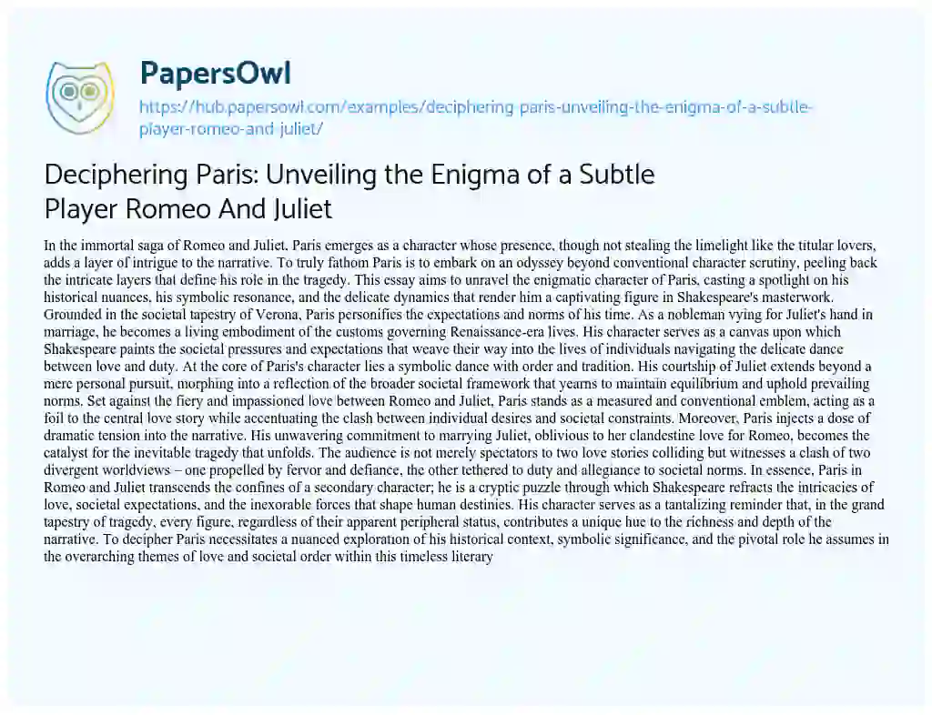Essay on Deciphering Paris: Unveiling the Enigma of a Subtle Player Romeo And Juliet