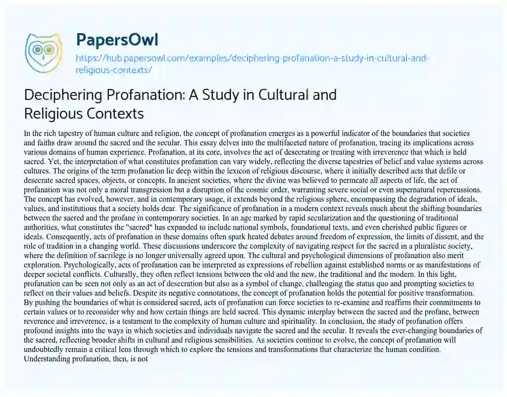Essay on Deciphering Profanation: A Study in Cultural and Religious Contexts