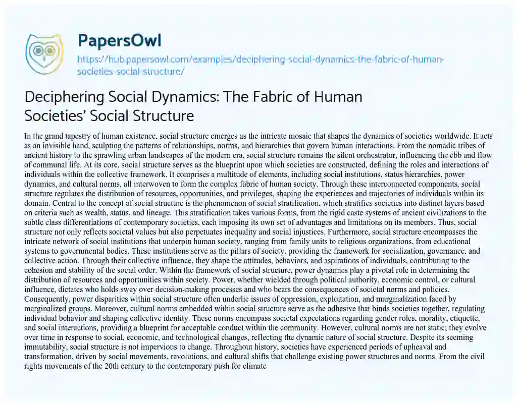 Essay on Deciphering Social Dynamics: The Fabric of Human Societies’ Social Structure