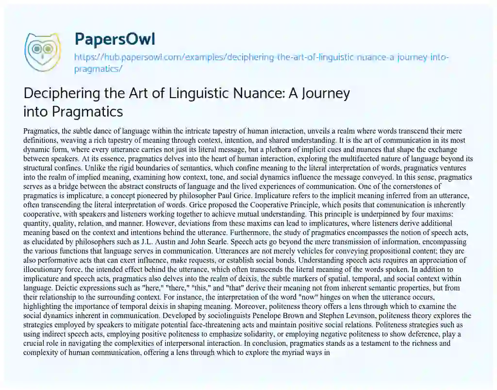Essay on Deciphering the Art of Linguistic Nuance: A Journey into Pragmatics