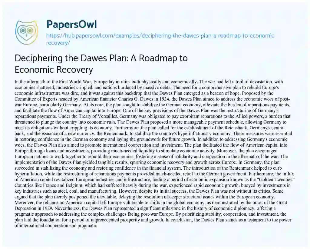 Essay on Deciphering the Dawes Plan: A Roadmap to Economic Recovery