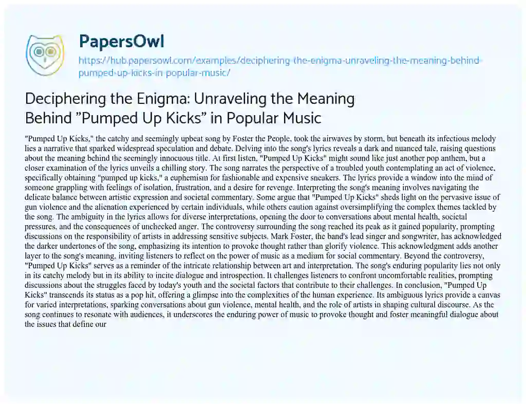 Essay on Deciphering the Enigma: Unraveling the Meaning Behind “Pumped Up Kicks” in Popular Music