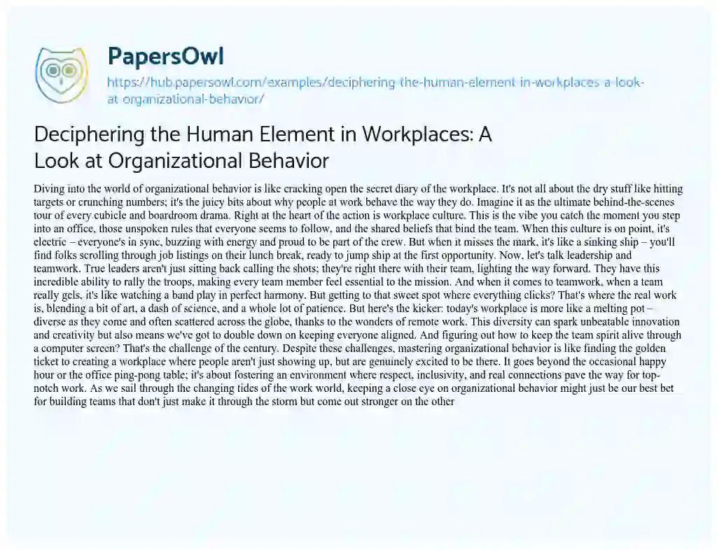 Essay on Deciphering the Human Element in Workplaces: A Look at Organizational Behavior