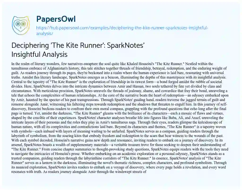 Essay on Deciphering ‘The Kite Runner’: SparkNotes’ Insightful Analysis