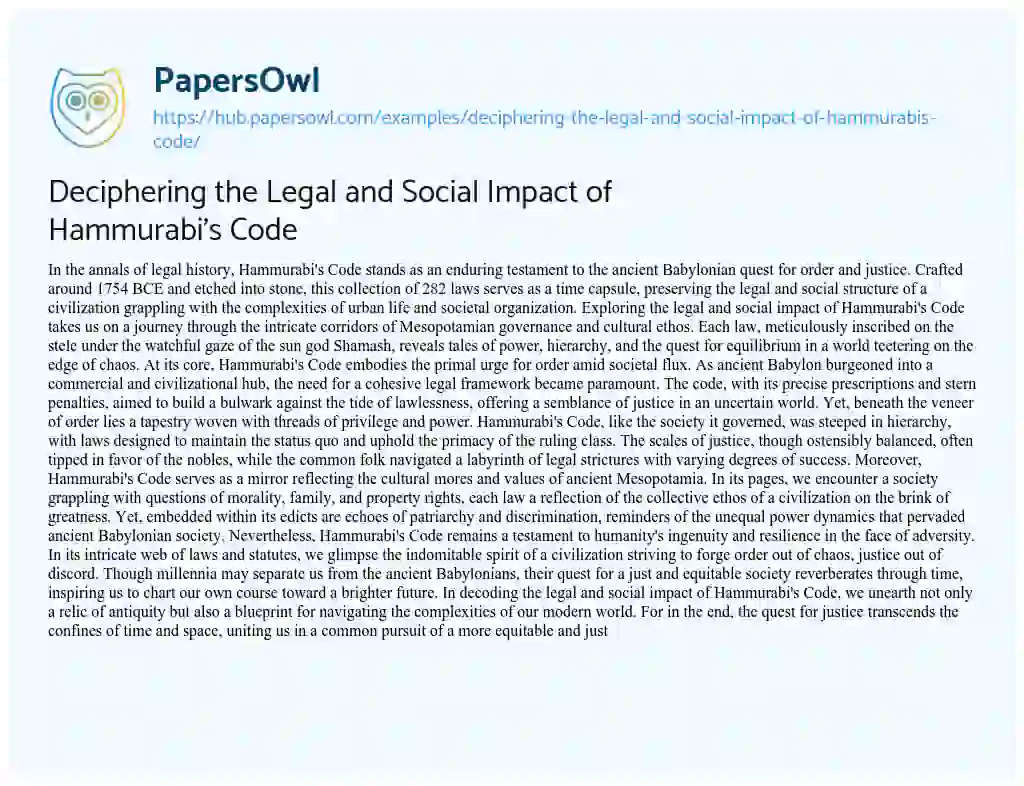 Essay on Deciphering the Legal and Social Impact of Hammurabi’s Code