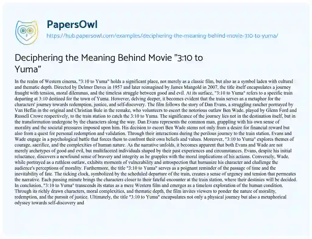 Essay on Deciphering the Meaning Behind Movie “3:10 to Yuma”