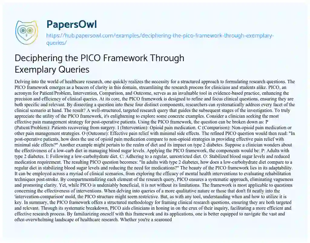 Essay on Deciphering the PICO Framework Through Exemplary Queries