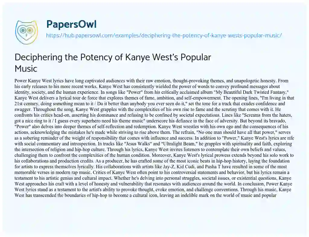 Essay on Deciphering the Potency of Kanye West’s Popular Music