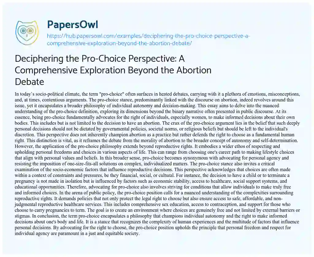 Essay on Deciphering the Pro-Choice Perspective: A Comprehensive Exploration Beyond the Abortion Debate