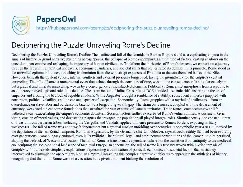 Essay on Deciphering the Puzzle: Unraveling Rome’s Decline