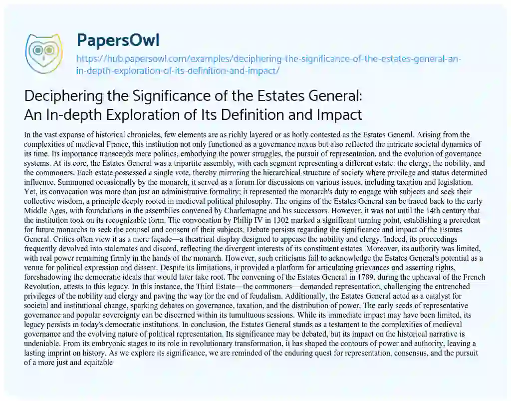 Essay on Deciphering the Significance of the Estates General: An In-depth Exploration of Its Definition and Impact