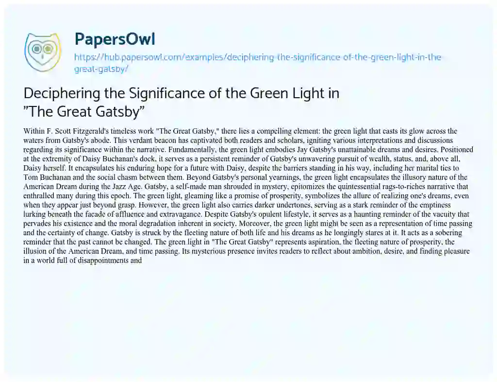 Essay on Deciphering the Significance of the Green Light in “The Great Gatsby”