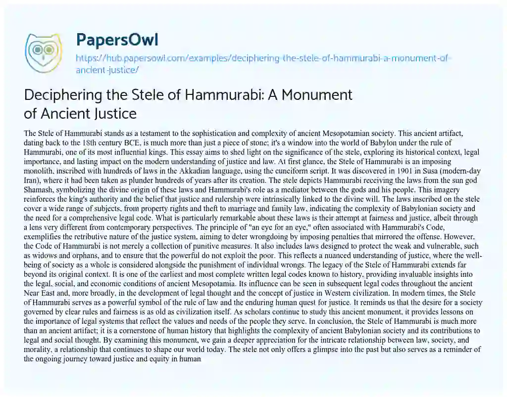 Essay on Deciphering the Stele of Hammurabi: A Monument of Ancient Justice