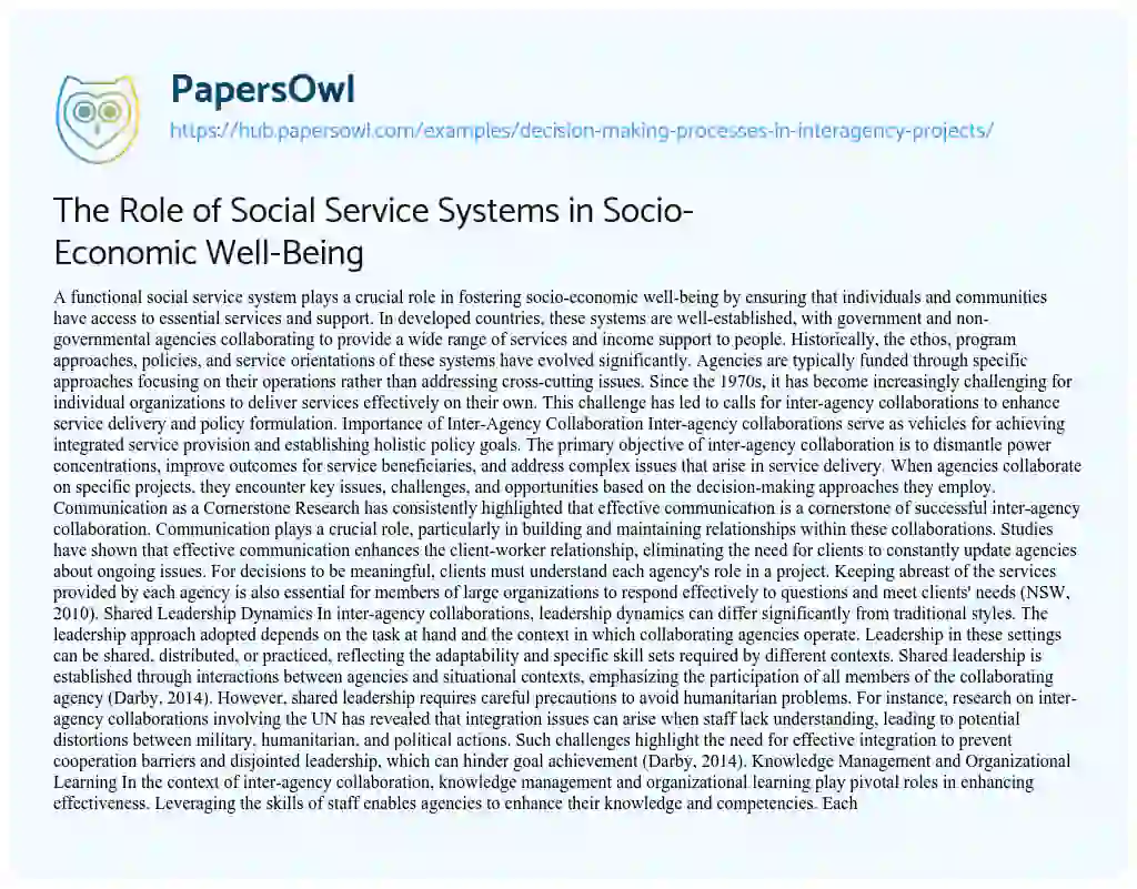 Essay on The Role of Social Service Systems in Socio-Economic Well-Being