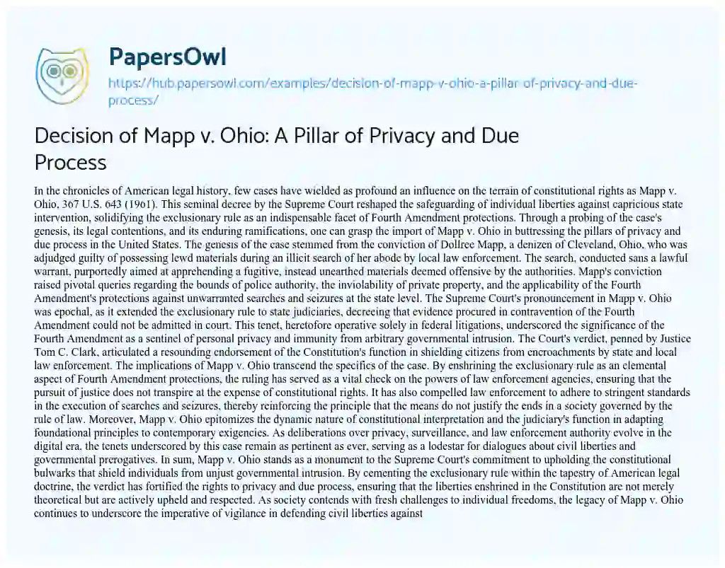 Essay on Decision of Mapp v. Ohio: A Pillar of Privacy and Due Process