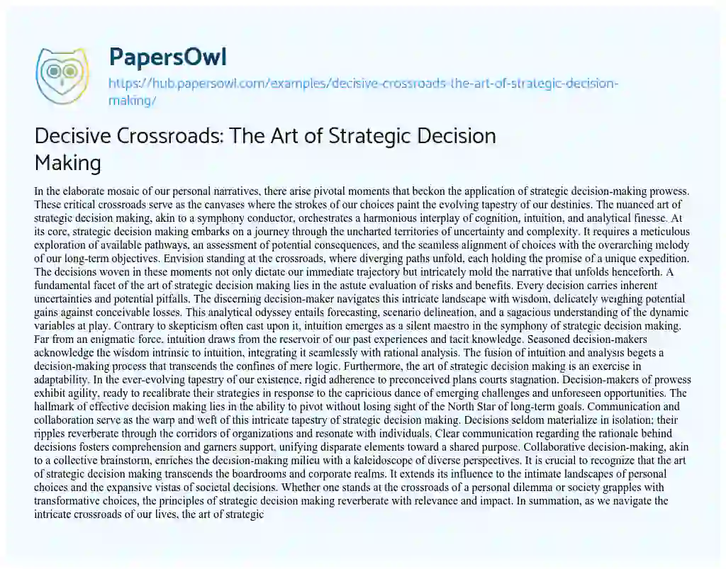 Essay on Decisive Crossroads: The Art of Strategic Decision Making