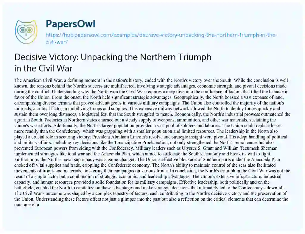Essay on Decisive Victory: Unpacking the Northern Triumph in the Civil War
