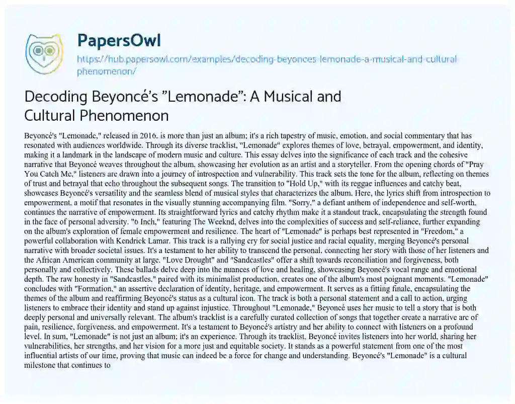 Essay on Decoding Beyoncé’s “Lemonade”: A Musical and Cultural Phenomenon