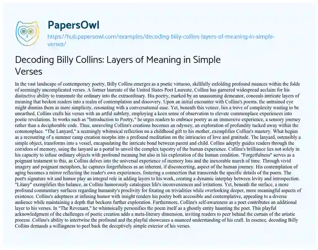 Essay on Decoding Billy Collins: Layers of Meaning in Simple Verses
