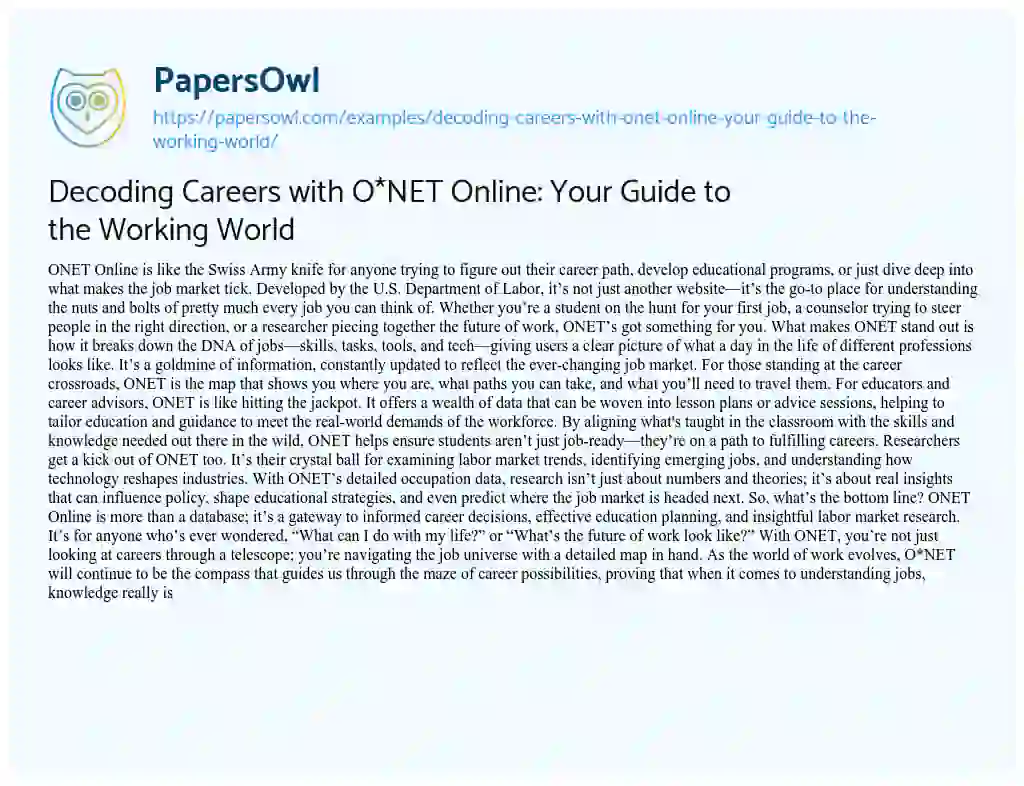 Essay on Decoding Careers with O*NET Online: Your Guide to the Working World