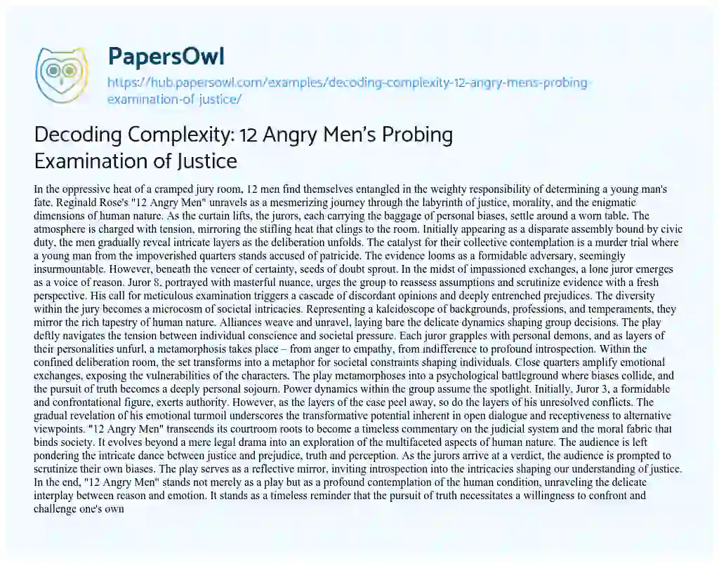 Essay on Decoding Complexity: 12 Angry Men’s Probing Examination of Justice