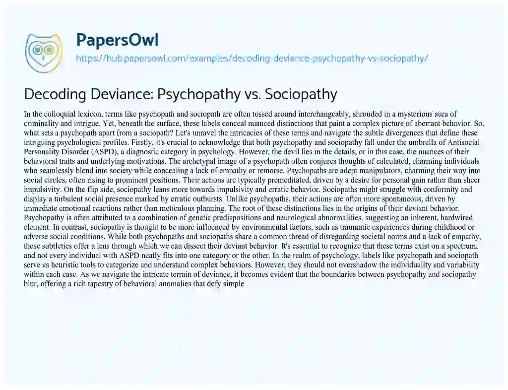 Essay on Decoding Deviance: Psychopathy vs. Sociopathy
