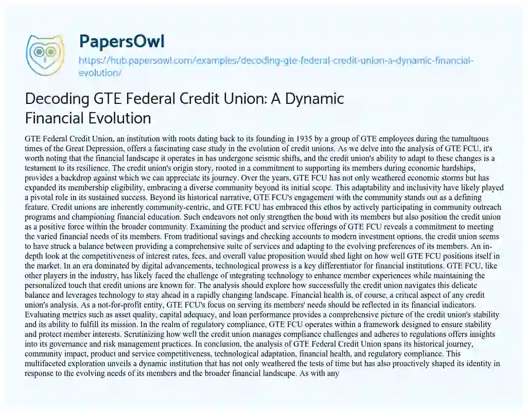 Essay on Decoding GTE Federal Credit Union: A Dynamic Financial Evolution