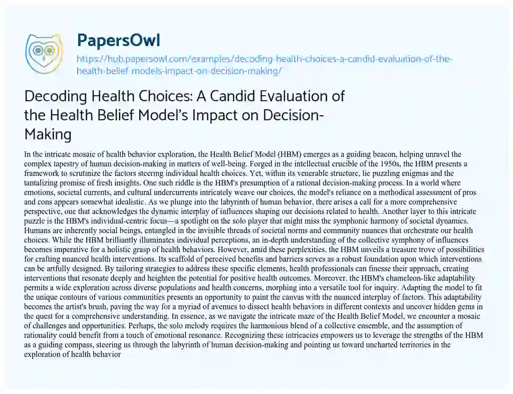 Essay on Decoding Health Choices: A Candid Evaluation of the Health Belief Model’s Impact on Decision-Making