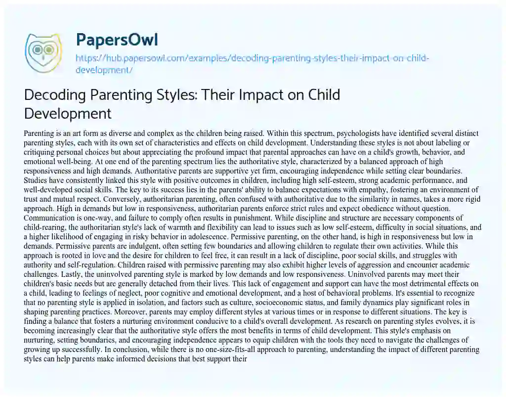 Essay on Decoding Parenting Styles: Their Impact on Child Development