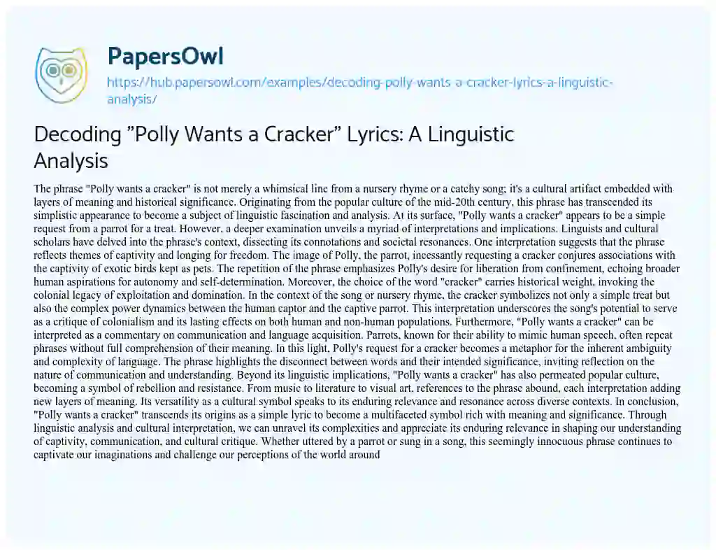 Essay on Decoding “Polly Wants a Cracker” Lyrics: A Linguistic Analysis