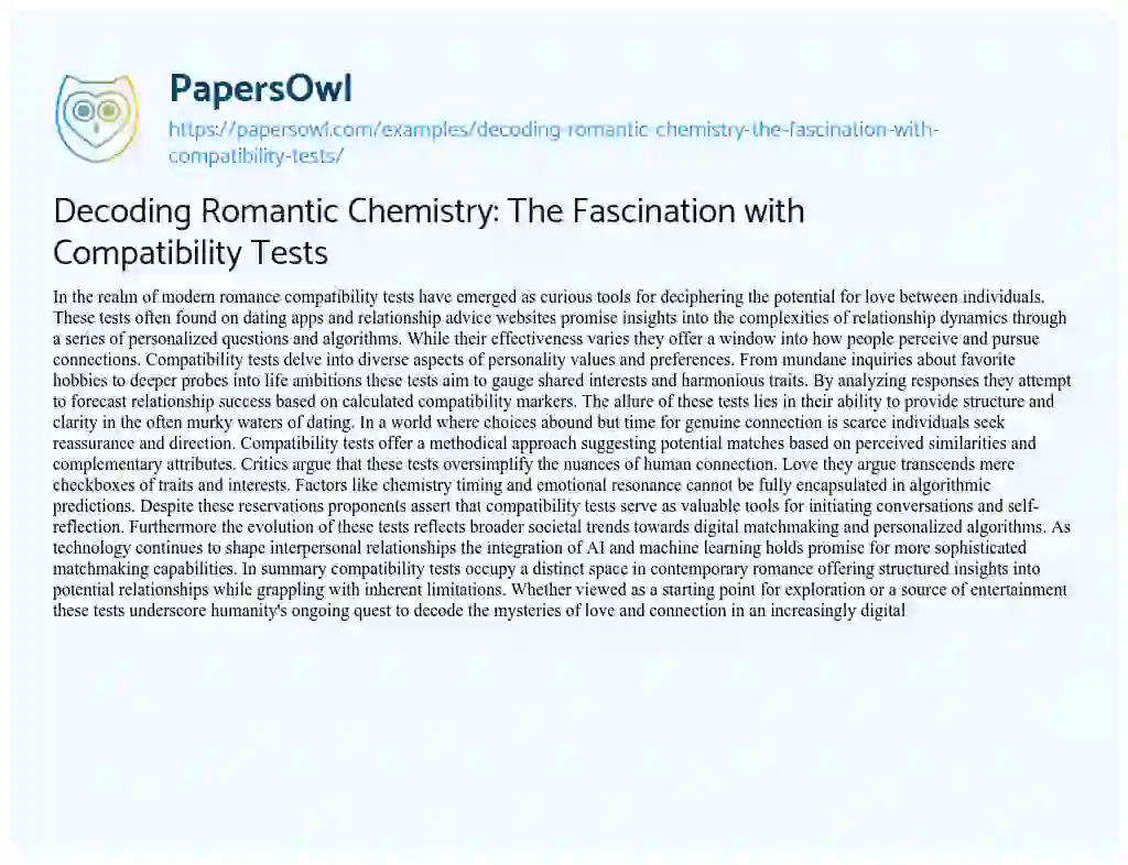 Essay on Decoding Romantic Chemistry: The Fascination with Compatibility Tests