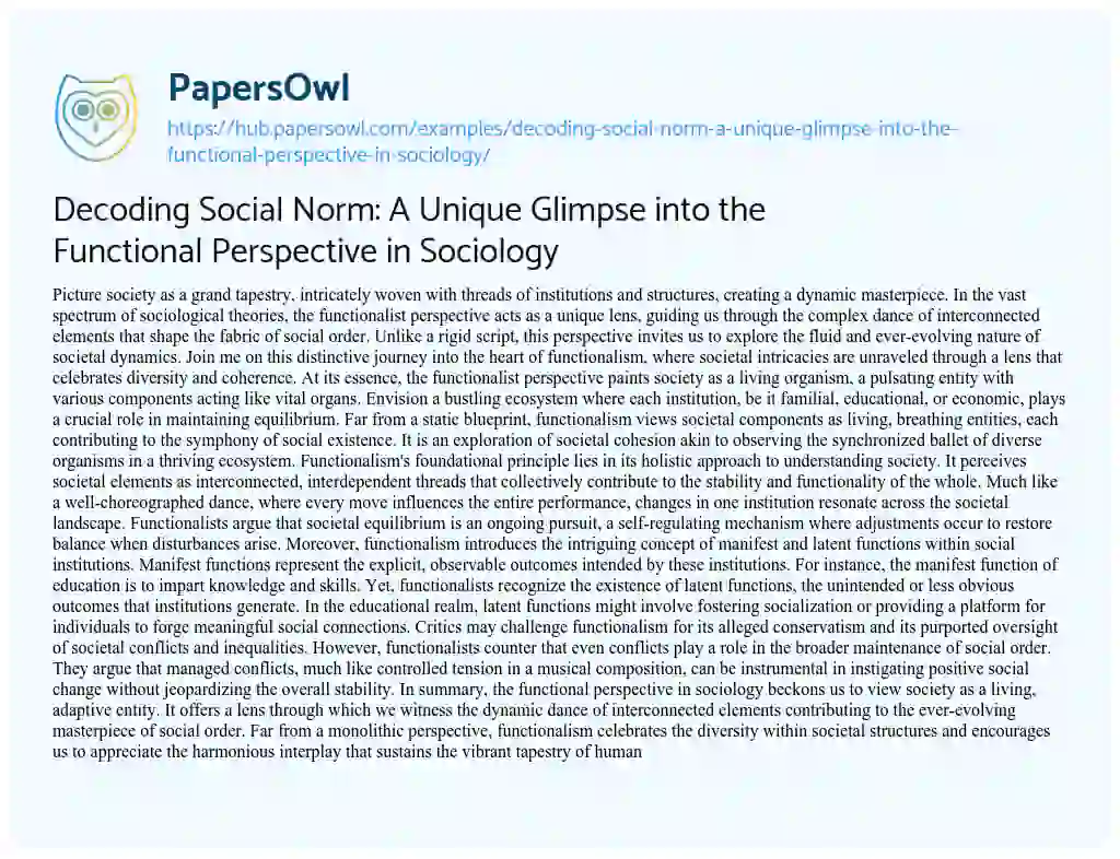 Essay on Decoding Social Norm: A Unique Glimpse into the Functional Perspective in Sociology