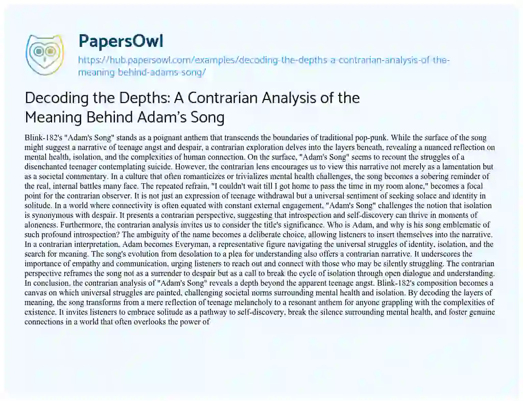 Essay on Decoding the Depths: A Contrarian Analysis of the Meaning Behind Adam’s Song