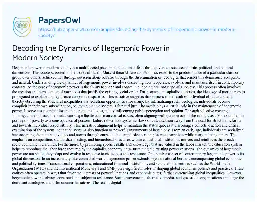 Essay on Decoding the Dynamics of Hegemonic Power in Modern Society