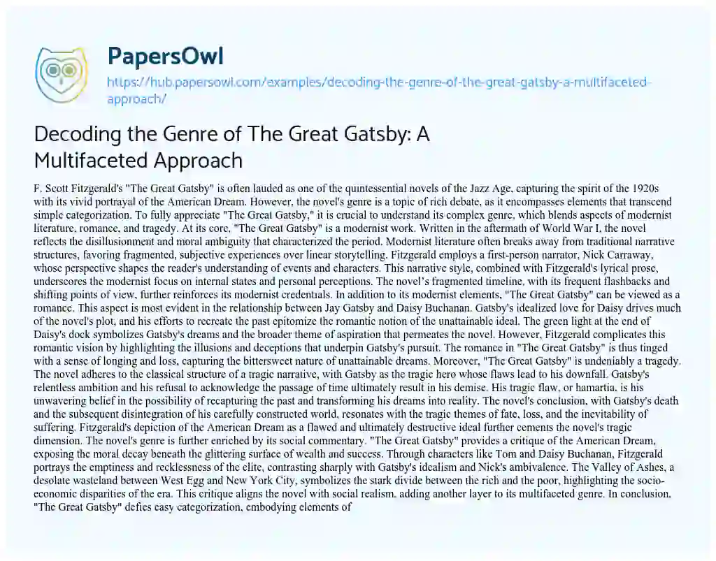 Essay on Decoding the Genre of The Great Gatsby: A Multifaceted Approach