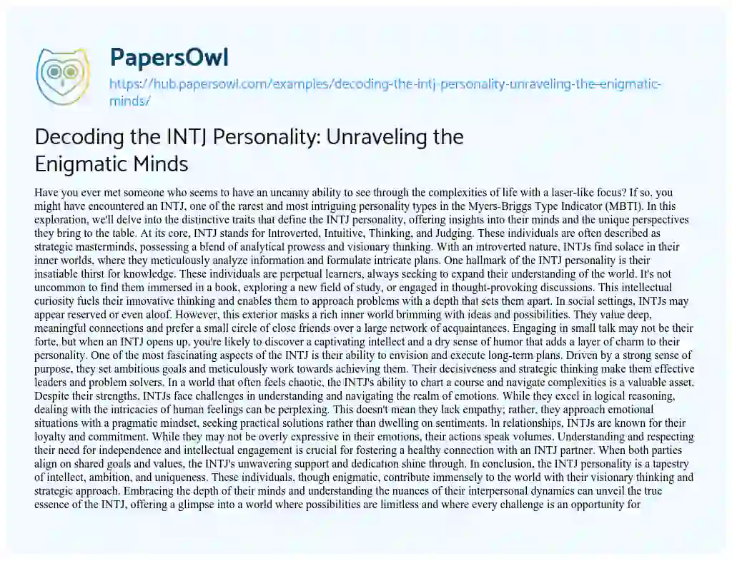 Essay on Decoding the INTJ Personality: Unraveling the Enigmatic Minds