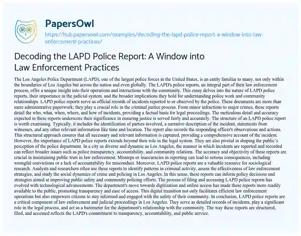 Essay on Decoding the LAPD Police Report: A Window into Law Enforcement Practices
