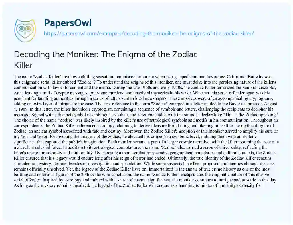 Essay on Decoding the Moniker: The Enigma of the Zodiac Killer