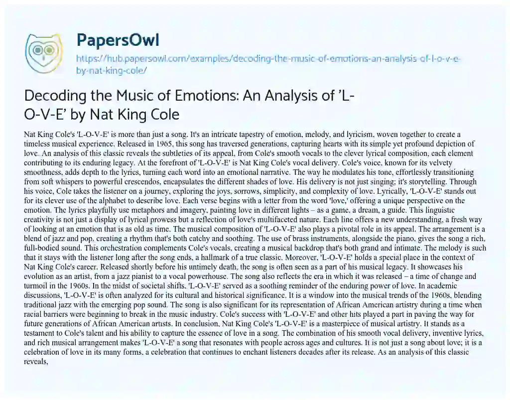 Essay on Decoding the Music of Emotions: An Analysis of ‘L-O-V-E’ by Nat King Cole