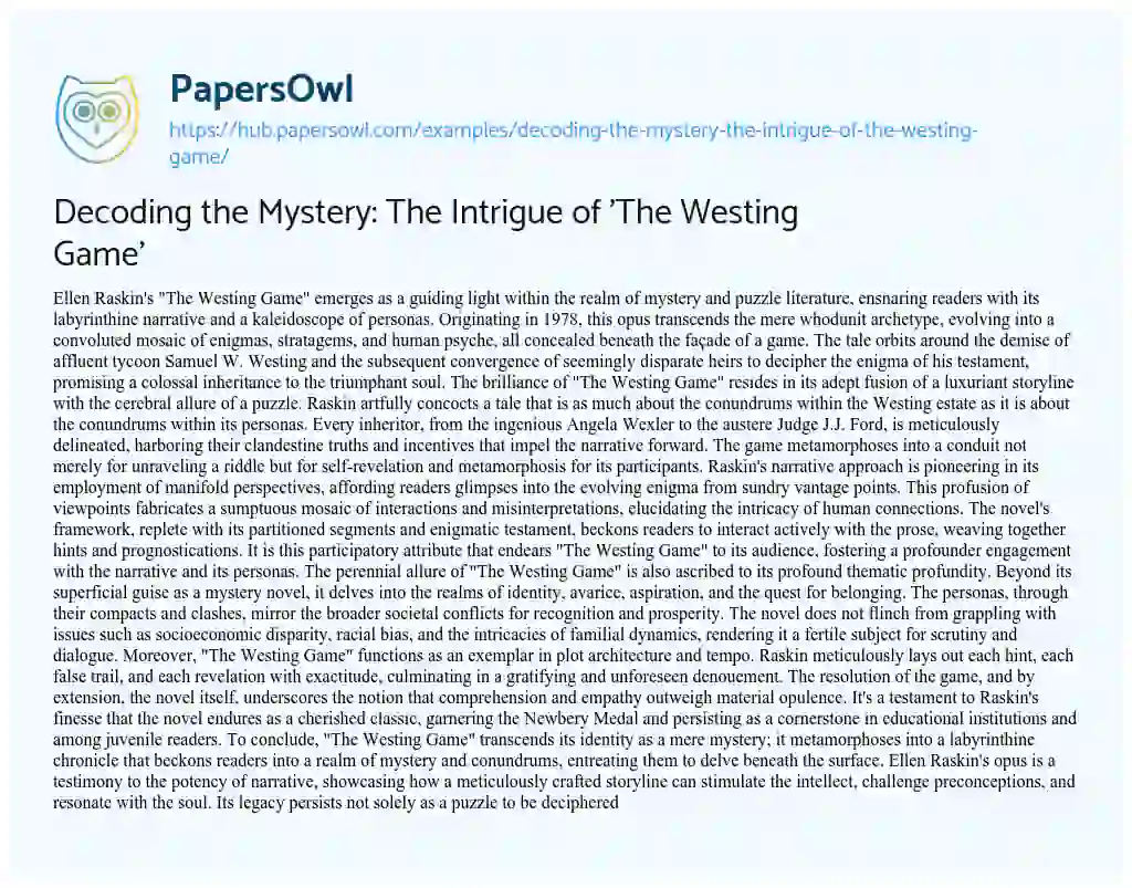 Essay on Decoding the Mystery: The Intrigue of ‘The Westing Game’