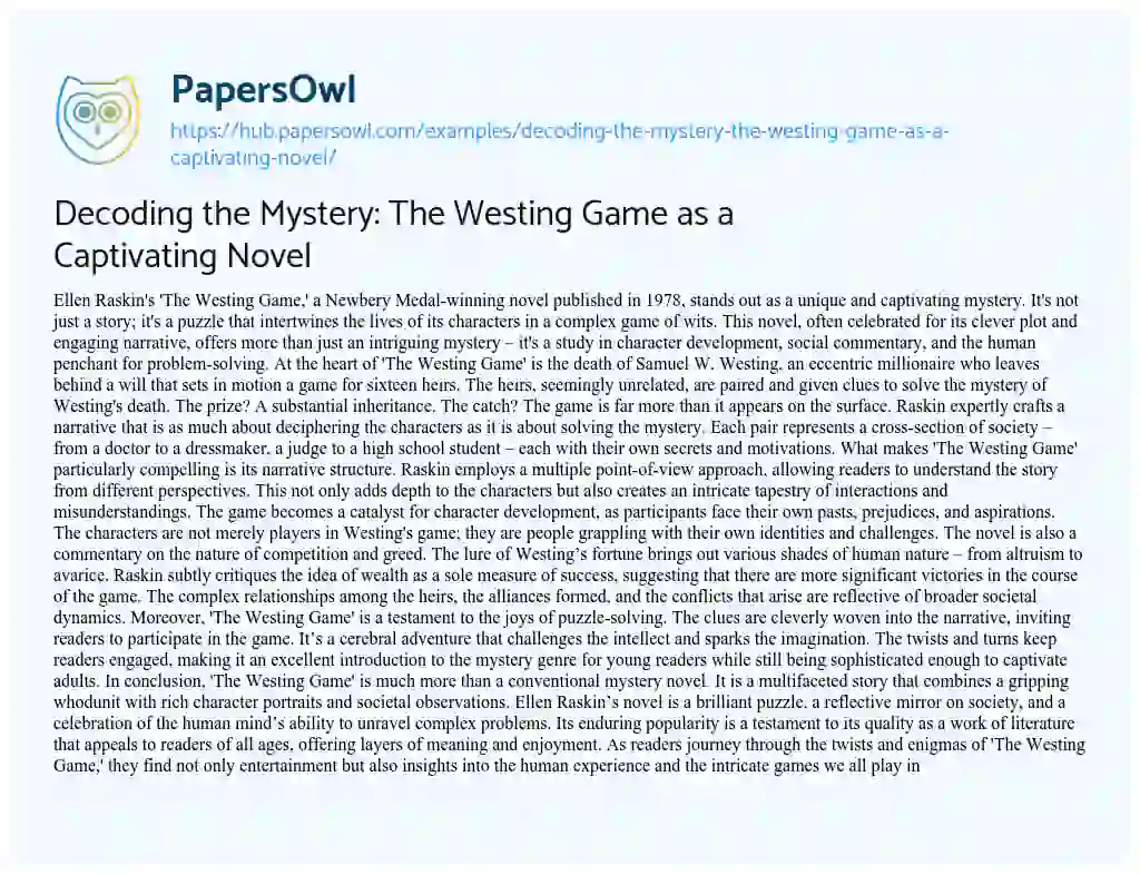 Essay on Decoding the Mystery: The Westing Game as a Captivating Novel