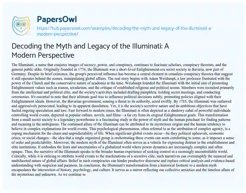 Essay on Decoding the Myth and Legacy of the Illuminati: A Modern Perspective