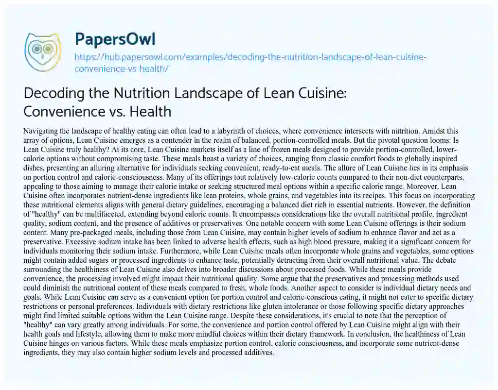 Essay on Decoding the Nutrition Landscape of Lean Cuisine: Convenience vs. Health