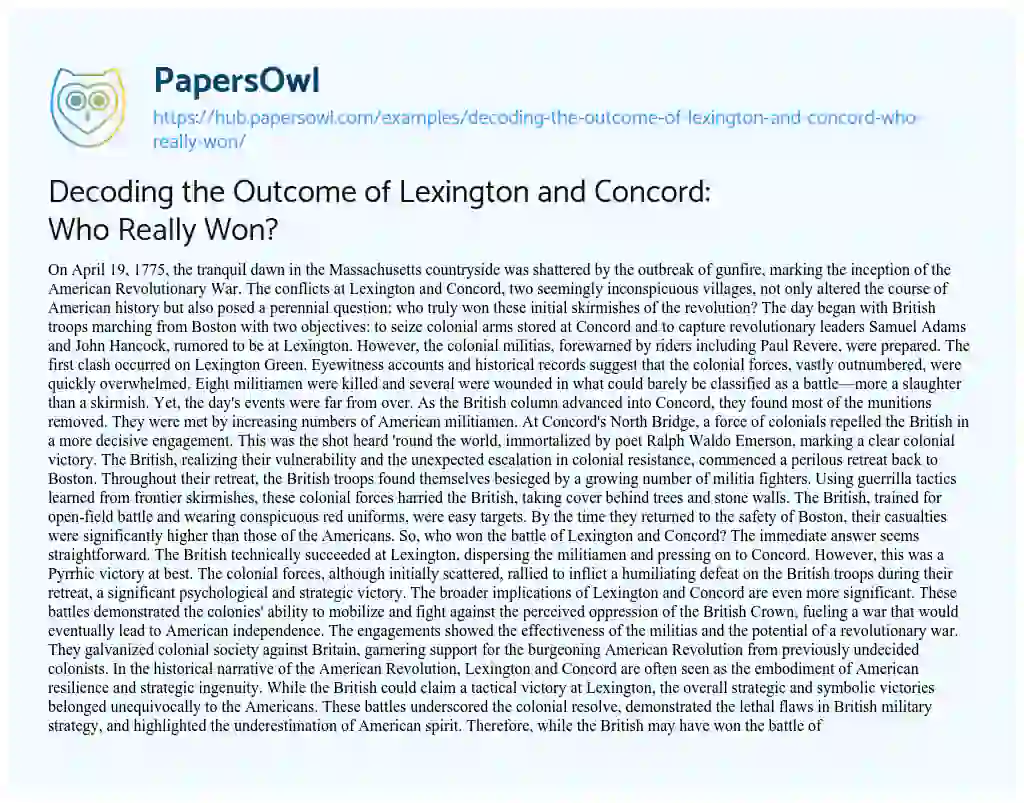 Essay on Decoding the Outcome of Lexington and Concord: Who Really Won?