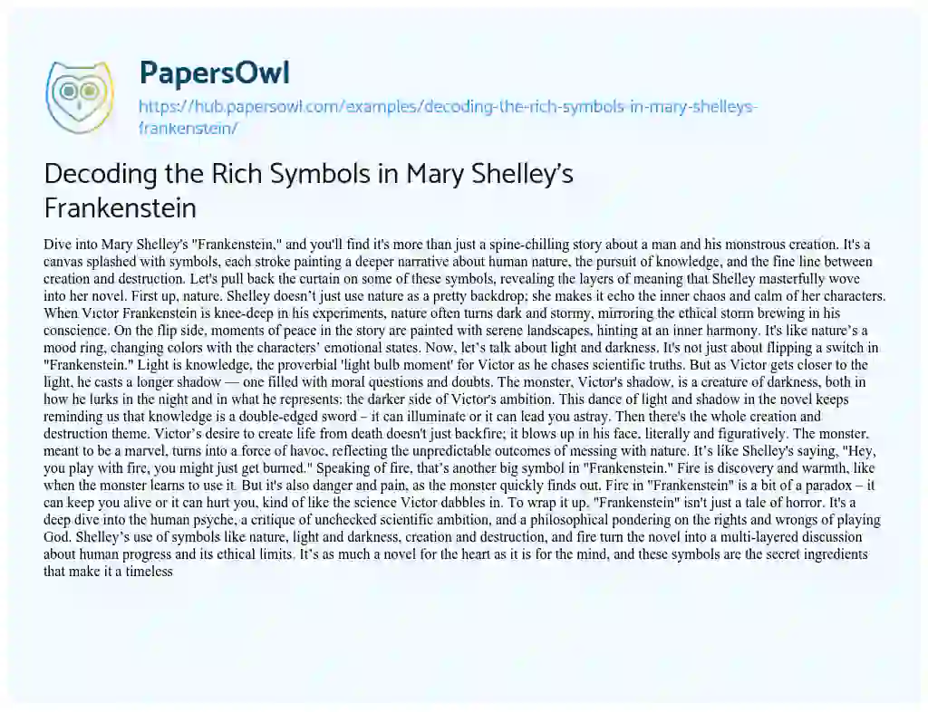 Essay on Decoding the Rich Symbols in Mary Shelley’s Frankenstein