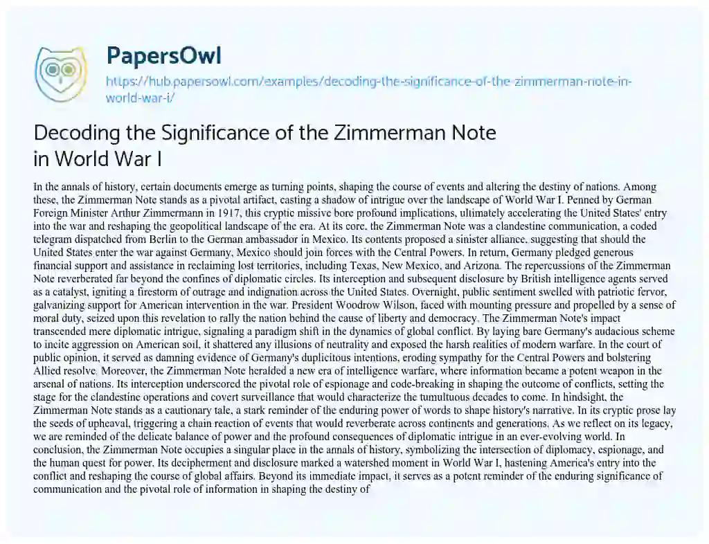 Essay on Decoding the Significance of the Zimmerman Note in World War I