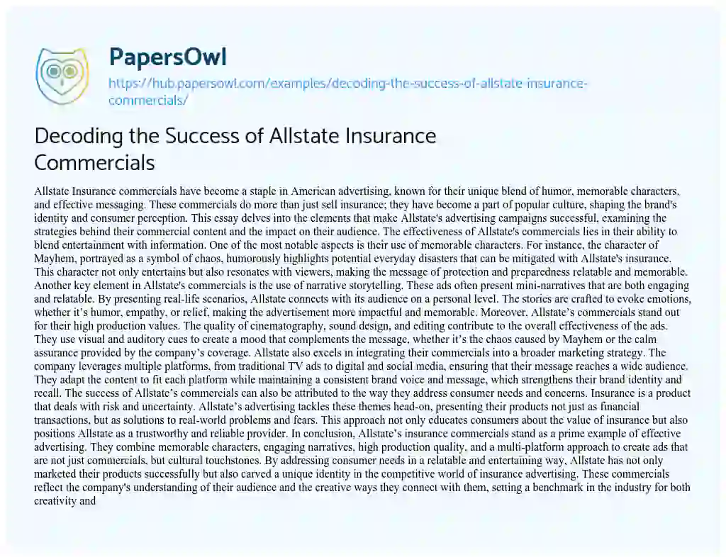 Essay on Decoding the Success of Allstate Insurance Commercials