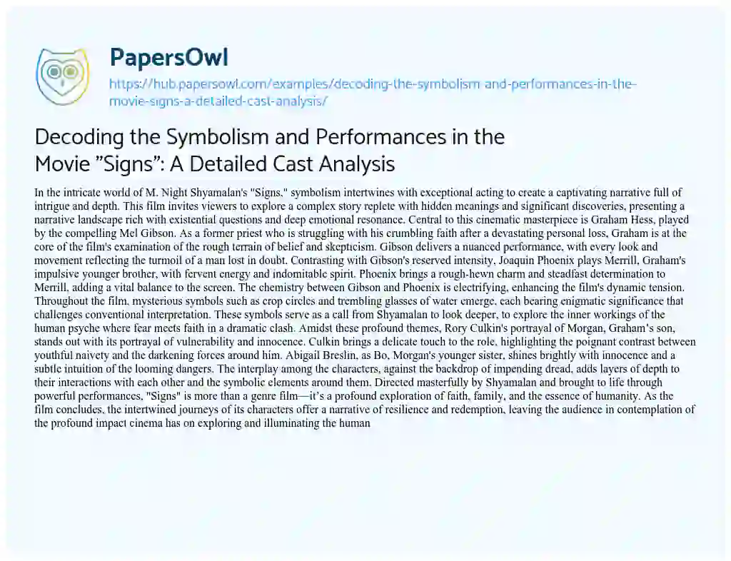 Essay on Decoding the Symbolism and Performances in the Movie “Signs”: A Detailed Cast Analysis