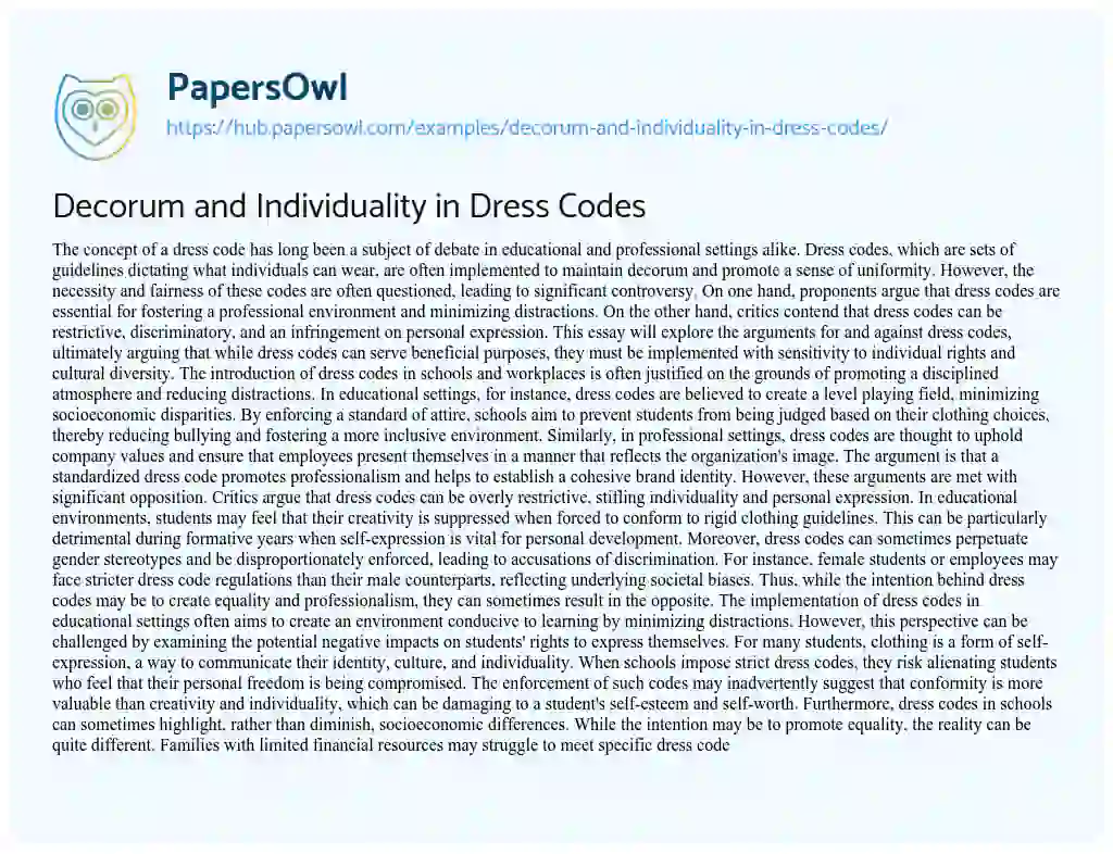 Essay on Decorum and Individuality in Dress Codes